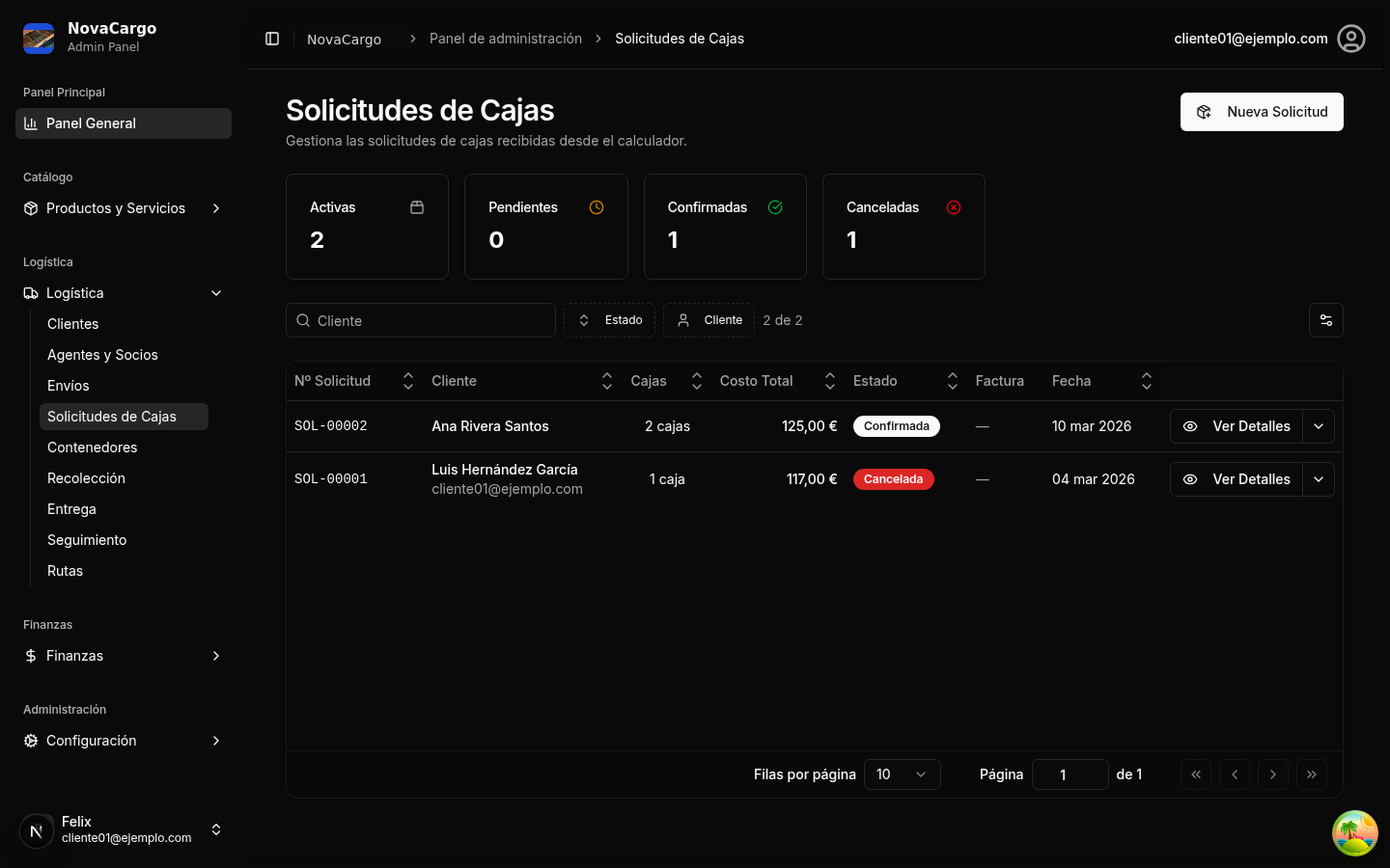 NovaCargo — Solicitudes de cajas